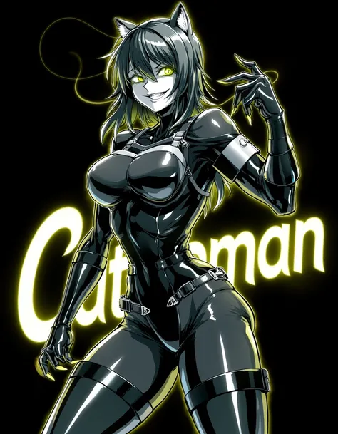 e6iblue. Anime-style illustration of Catwoman in style ebiblue, dynamic 3/4 view from above. She wears a sleek black leather catsuit with silver zippers and buckles, clawed gloves, and pointed cat ears. Her face features sharp features, glinting green eyes...