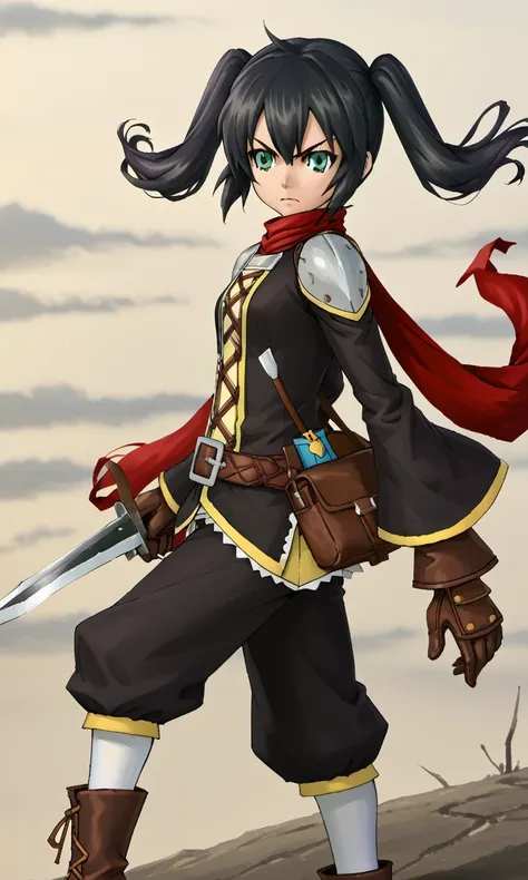 from side, battle stance, triggerknight, 1girl, green eyes, black hair, twintails, red scarf, shoulder pads, jacket, long sleves, gloves, bag, belt, pants, knee socks, boots, buster sword, 