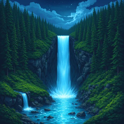 A detailed digital illustration of an otherworldly scene: a majestic waterfall at its heart, surrounded by a galaxy of trees, streams, and a mysterious sky, with the natural beauty of the earth amidst the deep blues and greens.