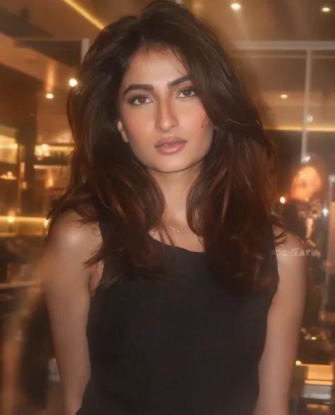 A dazzling shot of a woman palak with long dark brown hair standing, a black sleeveless blouse in a nicely lit cafe. Her eyes are wide open, and her lips are pink. and the womans hair cascades over her shoulders,kirtik