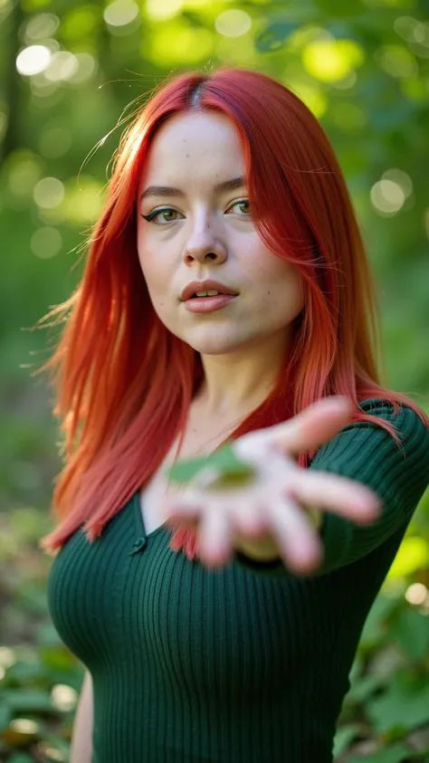 a analog photograph of a red hair woman as elven druid casting a nature spell, looking at the viewer, close-up, RAW Photo, DSLR, irl, real life, hyper realistic, hyper detailed, cinematic light