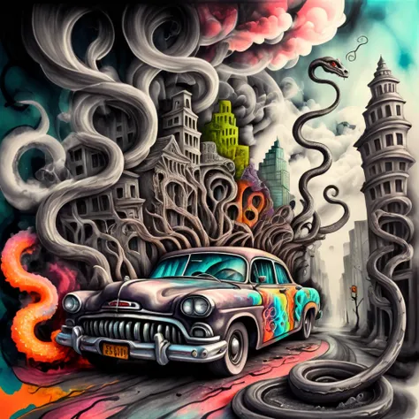 corcoc5s very old car, snakes, old crooked trees, clouds of smoke, big city, very realistic, very detailed, colorful ink<lora:corcoc5s:1>