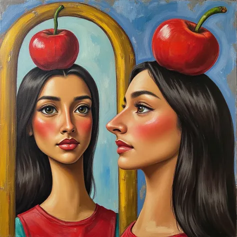 Abstract Surrealist cubist painting depicting a woman with green eyes and a red apple on her head looking at herself in the mirror., ,<lora:alexsaintmleux_local_merger_27_46_47_03_04_03:1>