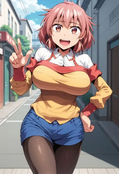 score_9, score_8_up, score_7_up, best quality, masterpiece, anime screencap, anime coloring, 1girl, solo, makoto, 1girl, breasts, pantyhose, large breasts, shorts, solo, open mouth, hand on hip, short hair, brown eyes, legwear under shorts, pink hair, pink...