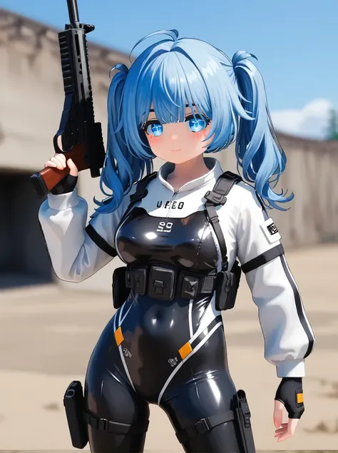 detailed background, shiny skin, posing, rating safe,
<lora:nanako.pony:1>,
nanako,
medium breasts, 
battle suit, 
blue hair, twintails, 
holding rifle,