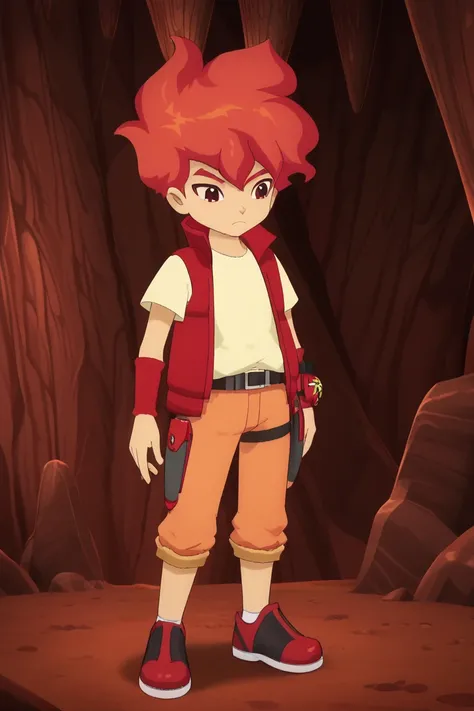 score_9, score_8_up, score_7_up, score_6_up, score_5_up,score_4_up ,
inazuma komichi, red hair, red eyes, red vest, yellow shirt, red hair, red eyes, red vest, yellow shirt, 1boy, solo, male focus, orange pants, cave, belt, spiked hair, vest, standing, par...