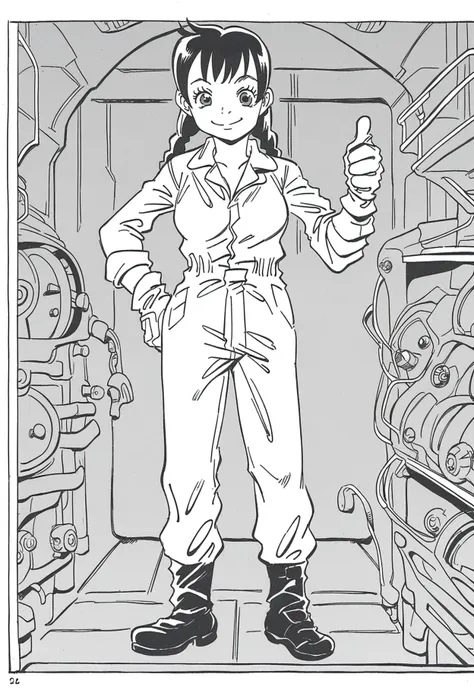 (zPDXL)Source_anime, mion_hoshioka, 1girl, solo, monochrome, greyscale, full body, looking at viewer,
long hair, twin braids, smile,
long sleeves, gloves, medium breasts,  jumpsuit,
indoors, factory, standing, hand on own hip, thumbs up, <lora:mion_hoshiok...