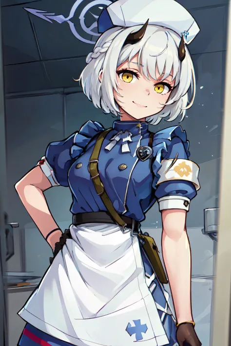 ((masterpiece,best quality)), absurdres,  BREAK, , <lora:Sena_BlueArchive_Citron:0.8>,, zzSena, horns, short hair, halo, yellow eyes, braid, hat, white hair, nurse cap, black horns, grey hair, armband, blue dress, short sleeves, nurse, white apron, hair be...