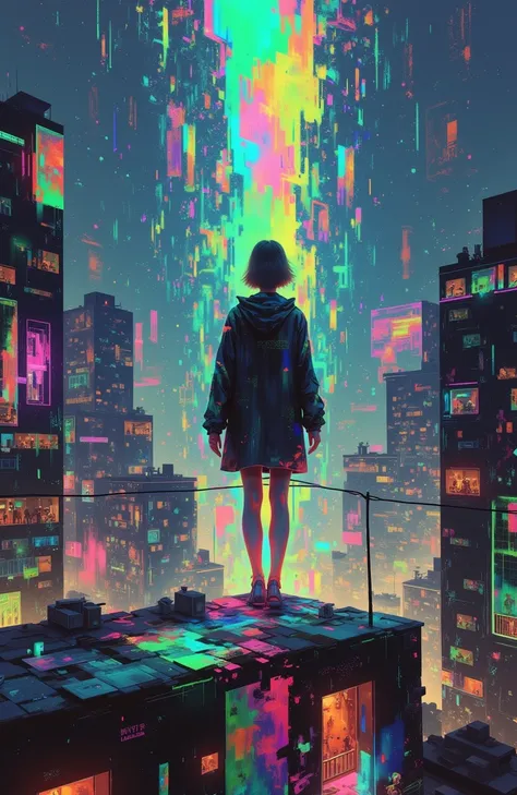 psycho_4rt, This is an artheon-style painting that merges the surreal with the abstract. The scene depicts a cyberpunk woman standing on a rooftop, overlooking a futuristic cityscape filled with towering buildings and glowing lights.