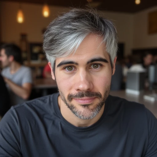 styled in a slightly messy manner. His skin tone is light, thinning hair that is predominantly dark brown but with a noticeable amount of white or gray hair mixed in, dark gray t-shirt. His hair is a striking silver-gray color, bright even lighting, gray s...