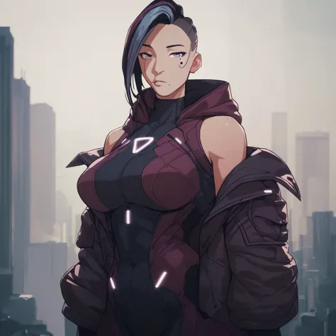 score_9, score_8_up, score_7_up, score_6_up, solo, 1girl, big breasts, asymmetrical bangs, two-tone hair, facial mark, hood, gradient, looking at viewer, navel, bodysuit, bare shoulders, mole under eye, city, jacket