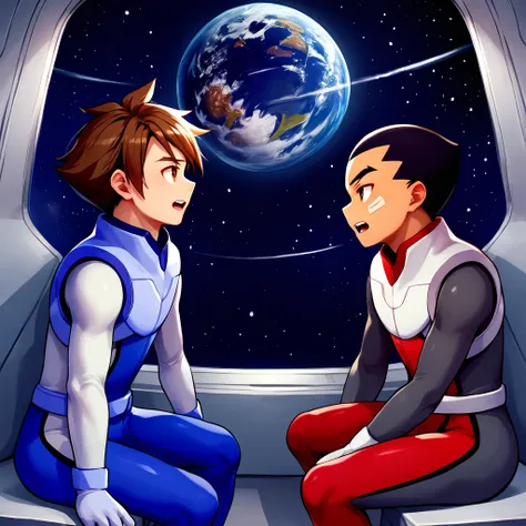 score_9,score_8_up,score_7_up,score_6_up,score_5_up,score_4_up BREAK hokuto kusanagi,ginga izumo,multiple boys,2boys,male focus,sitting,open mouth,looking at another,blue-white pilot suit,red-white-grey pilot suit,teeth,<lora:GearFighterV1-3:1>,space,from_...