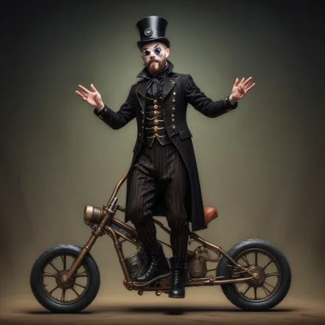 young man, mini-motorcyclist mime, shaved head and beard Finely detailed, evening, sneakers boots, elegant suit, waving, in a steampunk environment, looking at viewer, jacket, mini-motorcycle, solo, big glasses, headwear removed grass, bag, suspenders, rid...