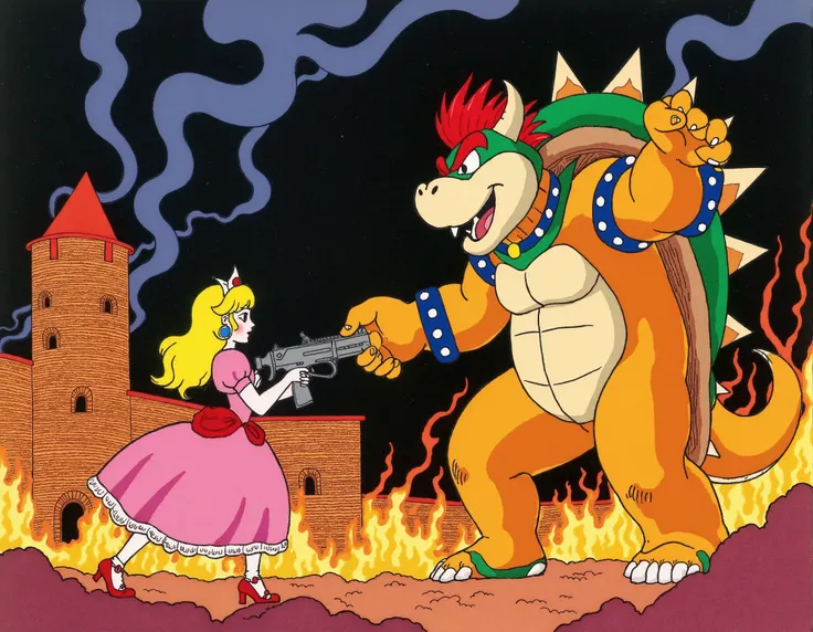 <lora:George_Barbier_style:0.9>  g3orgeb4rbier, The image is a digital illustration in a stylized, Art Nouveau-inspired style,  dynamic scene showcasing Princess Peach wielding a machine gun, fiercely confronting Bowser amidst a fiery, castle battleground....