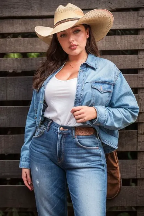 DEN_milada_moore,
(country beauty posing against a wooden fence with a plaid shirt and jeans and a cowboy hat, cow girl, country girl, cow girl:1.2), dressed, clothing,
bokeh, f1.4, 40mm, photorealistic, raw, 8k, textured skin, skin pores, intricate detail...