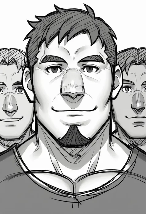 growgl, looking at viewer, smile, short hair, simple background, white background, closed mouth, monochrome, greyscale, multiple boys, sketch, facial hair, new char, handsome, daddies, male focus, male, male muscle, bara