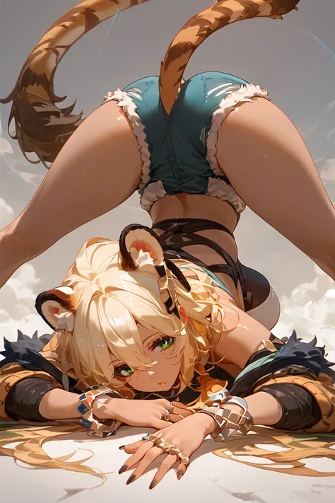 on_back, jack_O_pose,open  legs, tongue_out, legs_up, Xilonen,1girl, rating:safe, breasts, animal_ears, shorts, solo, long_hair, nail_polish, dark_skin, bangs, short_shorts, open mouth fangs, hair_between_eyes, large_breasts, green_eye, blonde_hair, jewelr...