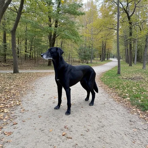 winter day. There are tall, and it has a muscular build, and yellow, some of which are scattered around the dog and the path., sandy path that winds its way through the green landscape, their trunks a mix of brown and gray, This photograph captures a black...