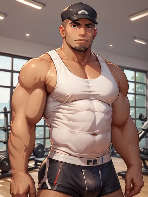 <lora:Cliff_PonyXL:0.93> cliffpokemon, (white tank top:1.3), boxer, bara, chubby, gym, indoor, fitness, looking at viewer, black headwear, tan, standing, score_9, score_8_up, score_7_up, score_6_up,