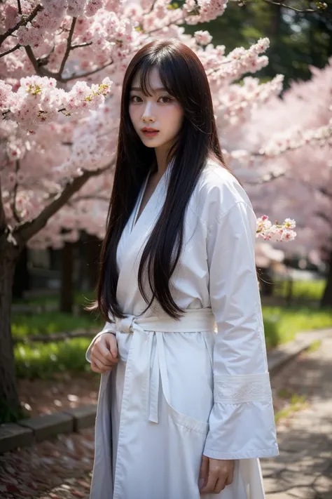 gisellelora,(realistic), (hyperrealism),best quality, masterpiece,ultra high res, (photorealistic:1.4),1girl,solo, realistic, looking at viewer,cowboyshot,,in a sakura forest, kitsune cosplay,standing,<lora:gisellelora:1>