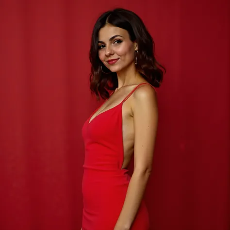 The image captures a woman posed against a deep red background that creates a bold, monochromatic aesthetic. She stands with a confident and poised demeanor, her body angled slightly to the side while her face is turned toward the camera, establishing dire...