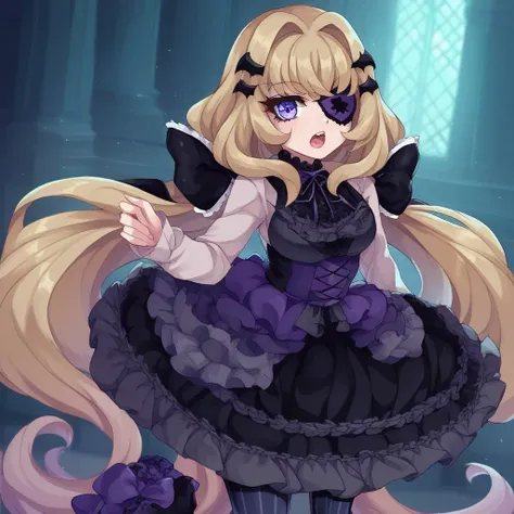 (masterpiece), best quality, expressive eyes, perfect face, score_9, score_8_up, score_7_up, score_6_up, looking at viewer, open mouth, solo, charlotte_cc, bat wings hairclips, bow scrunchies, eyepatch, gothic dress, frilled dress, vertical-striped pantyho...