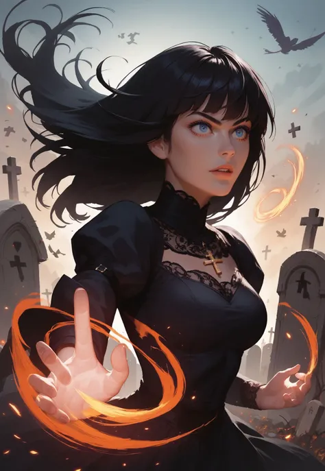 score_9, Score_8_up, 

portrait, medium shot, rim light, upper body, 

1girl, long dark hair, bangs, 

dark lace dress, tight, magic, glow, action shot,

outside, tombstones, graveyard, crosses, 

