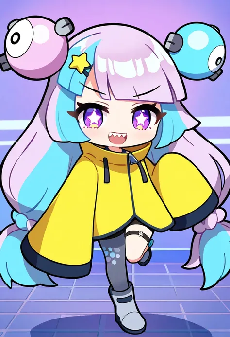 masterpiece, best quality, newest, absurdres, highres,chibi,1girl, long hair, multicolored hair, open mouth, twintails, bow-shaped hair, two-tone hair, :d, very long hair, purple eyes, blue hair, low-tied long hair, star-shaped pupils, symbol-shaped pupils...