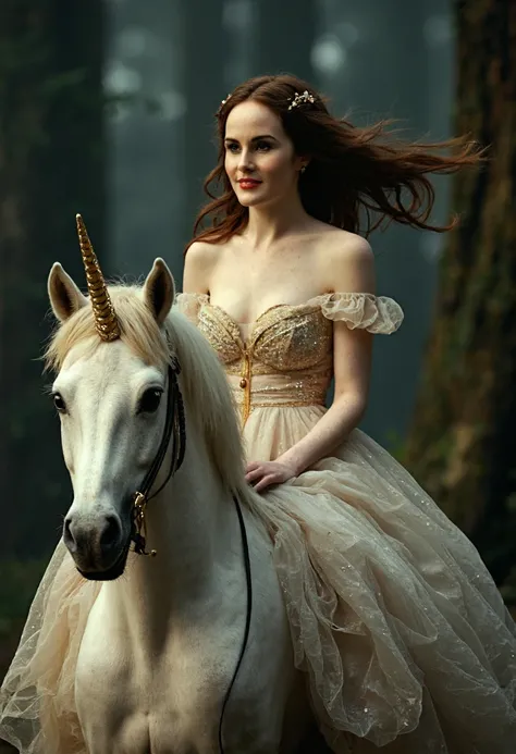 {    "T5": "A mystical photograph in the style of Renaissance-era portraiture, featuring Michelle Dockery as a regal, mythical creature, with skin that shimmers like moonlight and hair that flows like silk. She sits astride a majestic unicorn, its coat a d...