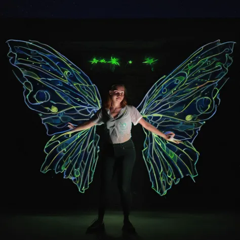 young woman detailed, in a dark environment, looking at viewer, solo, realistic, night blue sky, own hands, light painting, stars, sky, stained glass graffiti, white shirt, midriff, light painted angel, pantyhose, green glowing butterfly wings