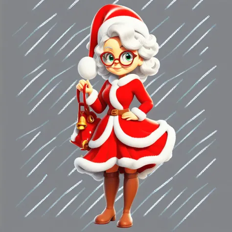 red dress, brown belt, golden buckle, long sleeve, short curly white hair, brown boots, Mrs. Claus, red Christmas hat, big red fur coat, green eyes, red glasses, 1girl