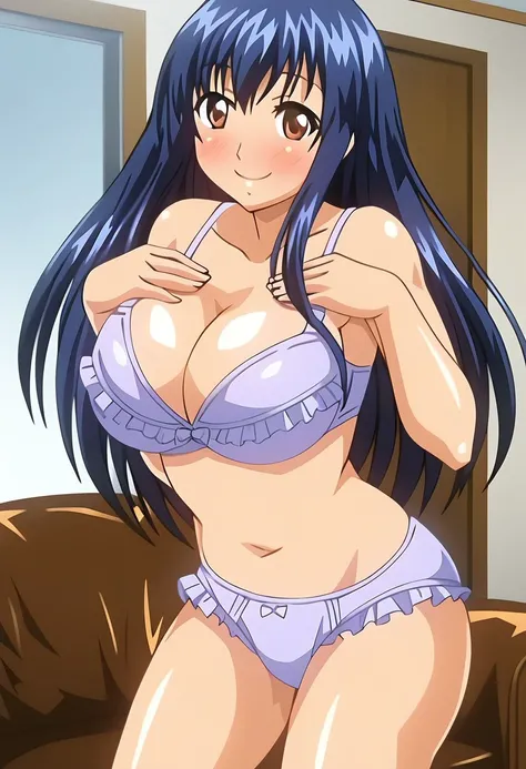 marino mizugi kanojo e4, blue hair, long hair, brown eyes, large breasts, purple bra, frilled bra, purple panties, frilled panties, 1girl, happy, smile, blush, looking at viewer, cowboy shot, standing, indoors,