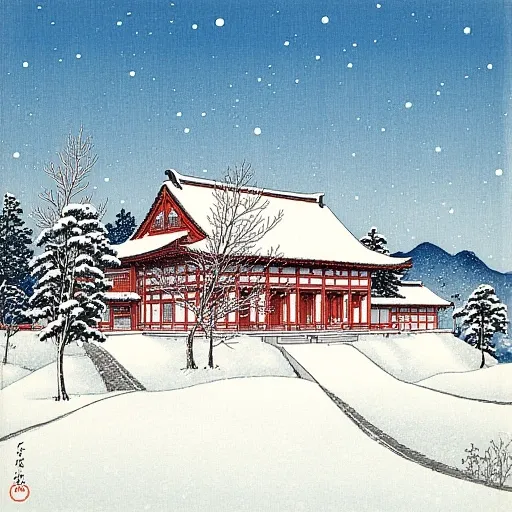 Hasui Kawase painting of snow on a japanese temple