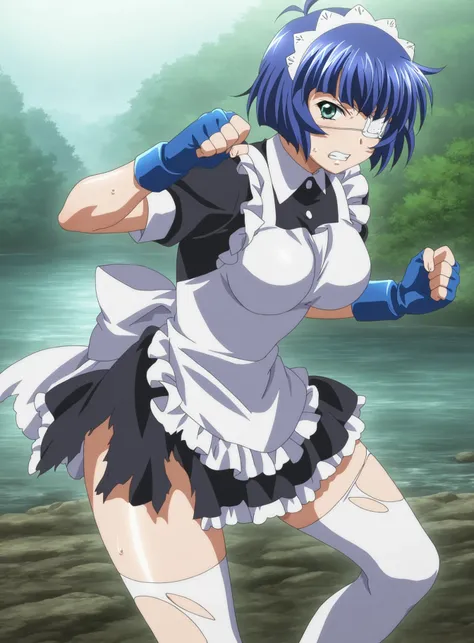 (masterpiece), (best quality), (intricate details, very aesthetic), absurdres, highres, cinematic light, 1girl, <lora:anime_screencap:1> anime screencap, anime coloring, ryomou shimei, ikkitousen, newest, 2023, blue hair, short hair, medical eyepatch, maid...