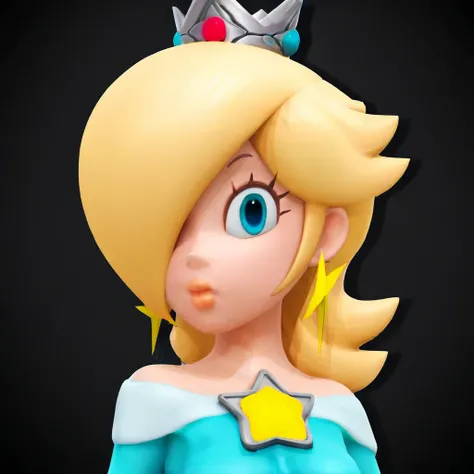 blue eyes, silver crown on top of head, Rosalina, 1girl, yellow gem on top of dress, bang covering eye, long blonde hair, bare shoulders, long sleeves, star shaped earrings, blue dress, thick lips