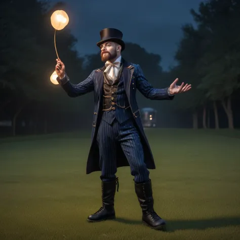 young man, mime, shaved head and beard Finely detailed, evening, sneakers boots, elegant blue  pinstripe suit, waving, in a steampunk environment, looking at viewer, solo, headwear removed, grass, bag, suspenders, walking, long sleeves, ascot, realistic,