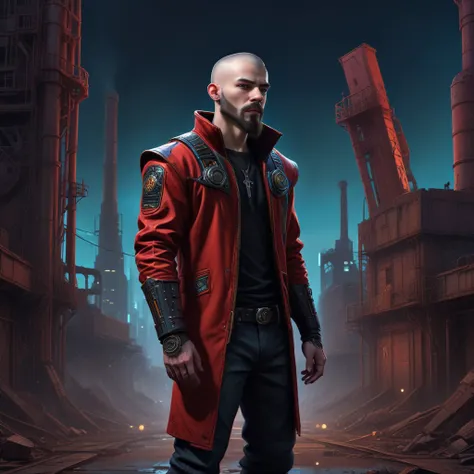 long sleeves, shoulder armor, red jacket, science fiction, young man, shaved head and beard Finely detailed, in a cyberpunk environment, looking at viewer, solo, headwear removed, realistic, night blue sky, own hands, stars, sky, red jeans