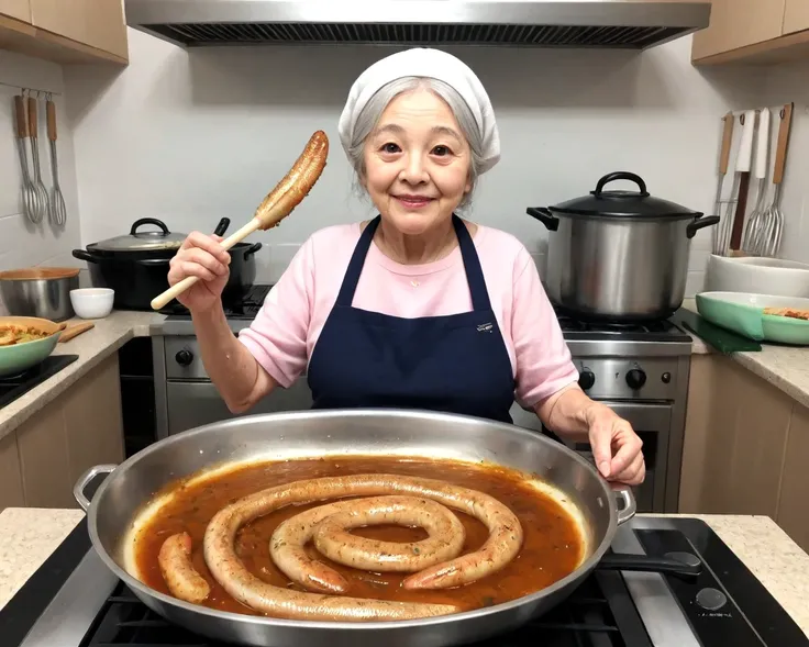 66 years old woman cooking long tube shaped lamprey, nine-eyed_eel