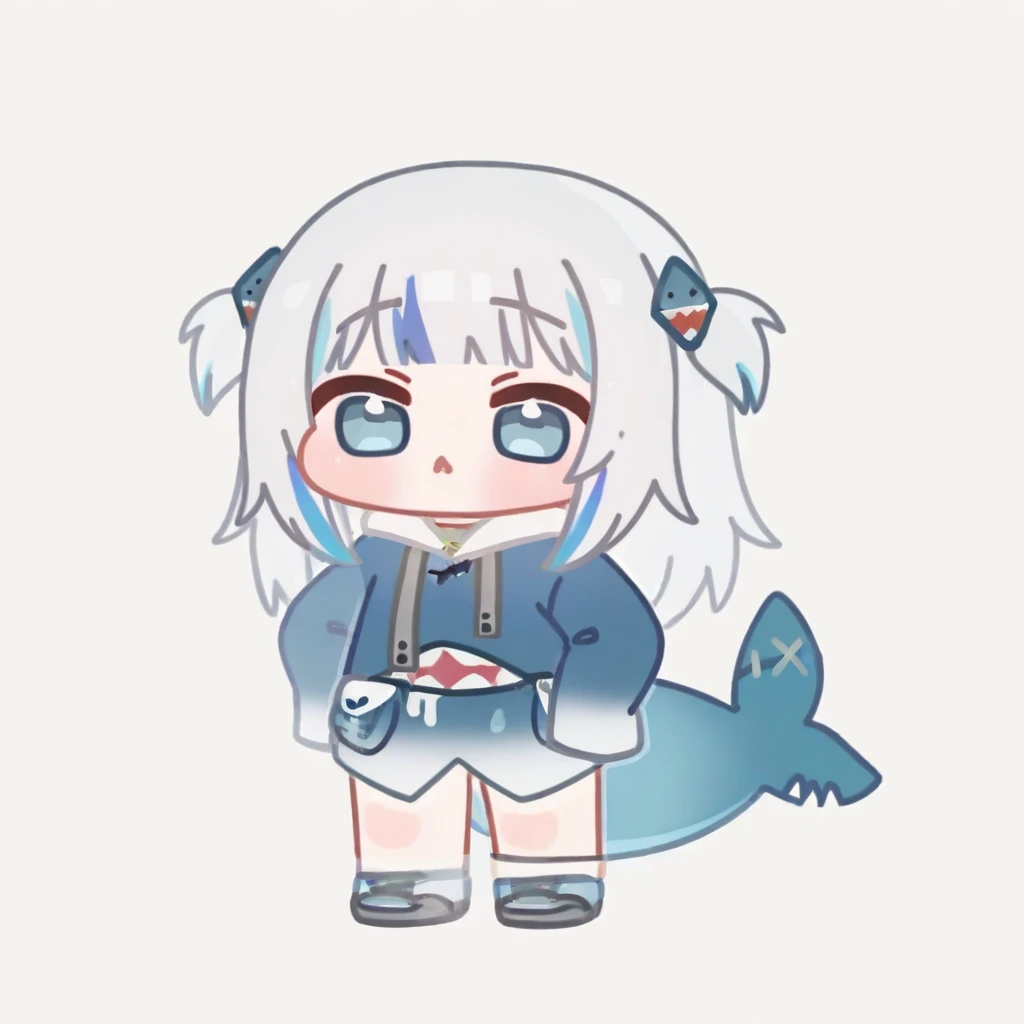 <lora:HoR_noob10-xl-000140:1>,chibi,1girl,gawr gura,virtual youtuber,tail,fish tail,shark tail,solo,blue eyes,multicolored hair,grey hair,full body,blue hair,streaked hair,bangs,hair ornament,shark hair ornament,two side up,white background,hood,blunt bang...