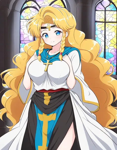 masterpiece, best quality, good quality, <lora:Linda_DKM_IS:1>Linda_DKM, blonde hair, very long hair, blue eyes, jewelry, cross, headband, circlet, large breasts, twin braids, cross necklace,
under body, cowboy_Shot, black skirt, robe, 
church, stained gla...