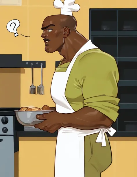 1man, solo, alone,
side view, from side, right side only,
2d art, digital art,
 <lora:chefhatchetpxl:1> chefhatchetpxl, dark skinned man, bald, muscular, masculine, African, african american, 
shirtless, topless, apron, chef hat, 
pantless, black boots,, s...