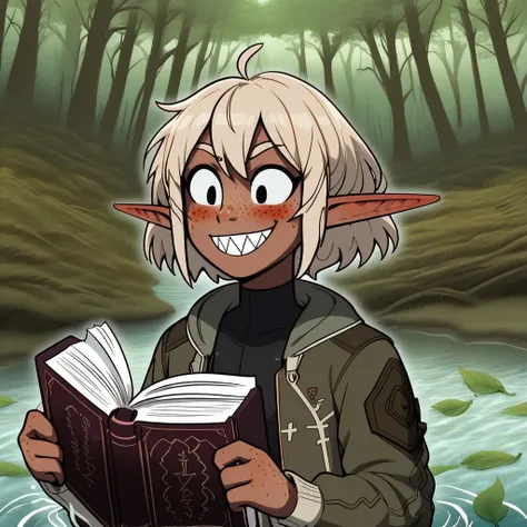 leaf, water, seiza, body freckles, grin, pointy ears, open book, forest, sharp teeth, jacket, blush, dark skin