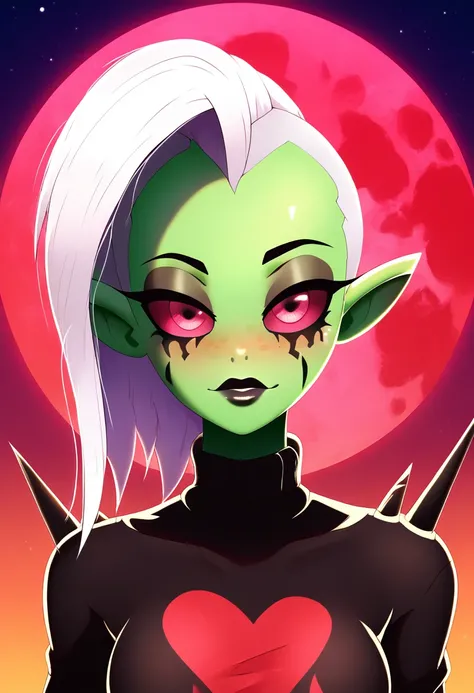 zPDXL, score_9,score_8_up,score_7_up,_up,source_cartoon, best quality, amazing quality, masterpiece, 1girl, looking at viewer, solo, blush, black lips, <lora:LordDominator3D:0.8>, lord dominator wo!262, green skin, breasts, white hair, pink eyes, freckles,...