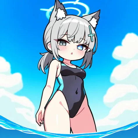 masterpiece, best quality, newest, absurdres, highres,chibi,shiroko (swimsuit) (blue archive), shiroko (blue archive),blue archive,1girl, animal ears, breasts, wolf ears, blue eyes, grey hair, covered navel, medium breasts, mismatched pupils, extra ears, m...