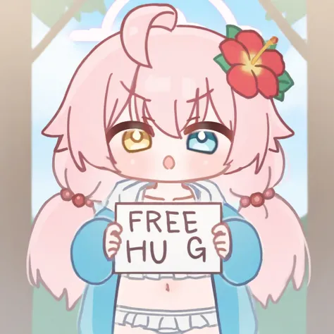 <lora:HoR_noob10-xl-000140:1>,holding sign,text: "Free Hug",holding,solo,red flower,1girl,hoshino (blue archive),flower,blue jacket,hoshino (swimsuit) (blue archive),hair ornament,white bikini,frilled bikini,heterochromia,swimsuit,twintails,long hair,ahoge...