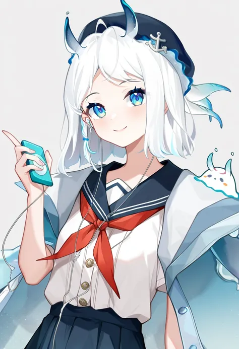 1girl,remi vtuber,earphones,earbuds,skirt,solo,horns,school uniform,smile,virtual youtuber,holding,white background,sailor collar,looking at viewer,serafuku,beret,neckerchief,jacket,red neckerchief,shirt,white shirt,jacket on shoulders,digital media player...