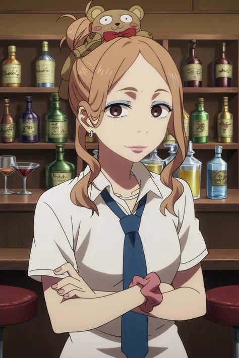 mayu arita,1girl,solo,jewelry,earrings, mole under mouth,mole,necktie,shirt,blue necktie,white shirt,makeup, looking_at_viewer, lipstick, single hair bun,school uniform,wrist scrunchie,scrunchie,smile crossed arms, BREAK indoors,bar with alcohol,bar,pur...