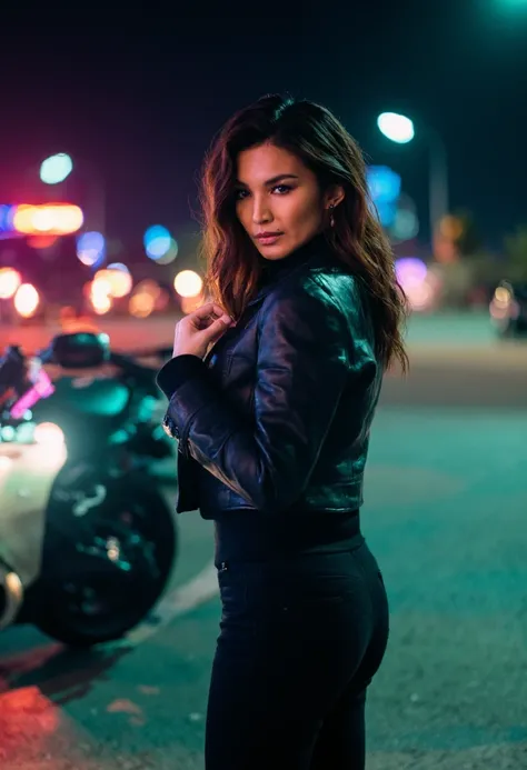 {    "T5": "A photograph of Gemma Chan, dressed in a dark leather jacket and fitted pants, standing confidently in the middle of a deserted street in Memphis at night. Her hair is slicked back, revealing her piercing brown eyes that seem to gleam with a hi...