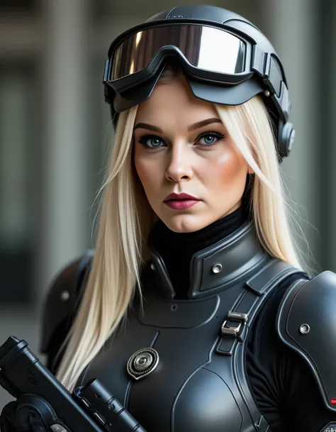 portrait of a beautiful platinum-blonde woman with long sleek straight hair, her skin has a high detailed texture and shows details like moles, small hairs and pores. She is wearing a futuristic law enforcers armored suit with a helmet that has a reflectiv...