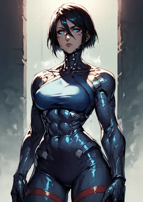 <lora:signalizv2:1> signaliz, 1girl, solo, short hair, black hair, blue eyes, bodysuit, breasts, android, cyborg, cyberpunk, hair between eyes, glasses, sweaty, steamy body, showing off back muscles, source_anime, score_9_up,  score_7_up, score_8_up